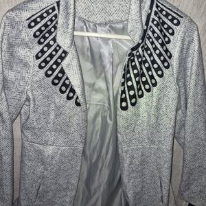 Light Gray Patterned Blazer with Black Embellished Collar